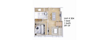 A diagram of a small apartment layout with one bed, one bath, and a kitchen area.