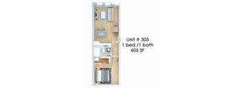 A diagram of a small apartment with one bed and one bath.