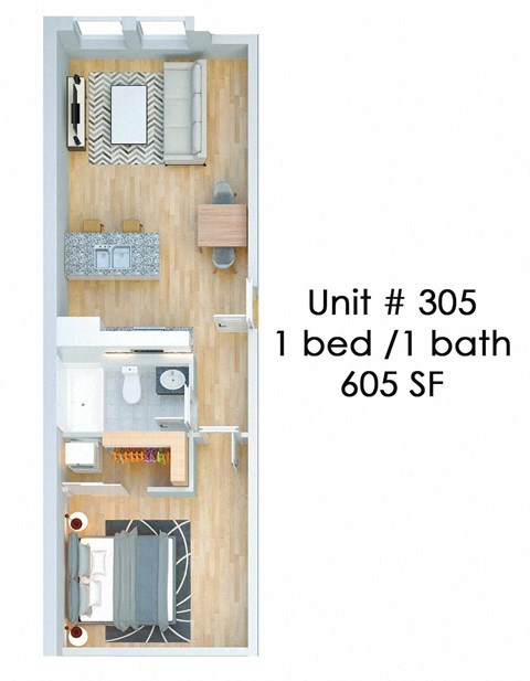 A diagram of a small apartment with one bed and one bath.