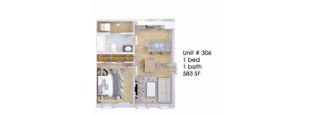 A diagram of a small apartment with one bed and one bath.