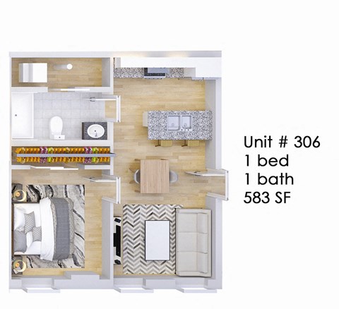 A diagram of a small apartment with one bed and one bath.