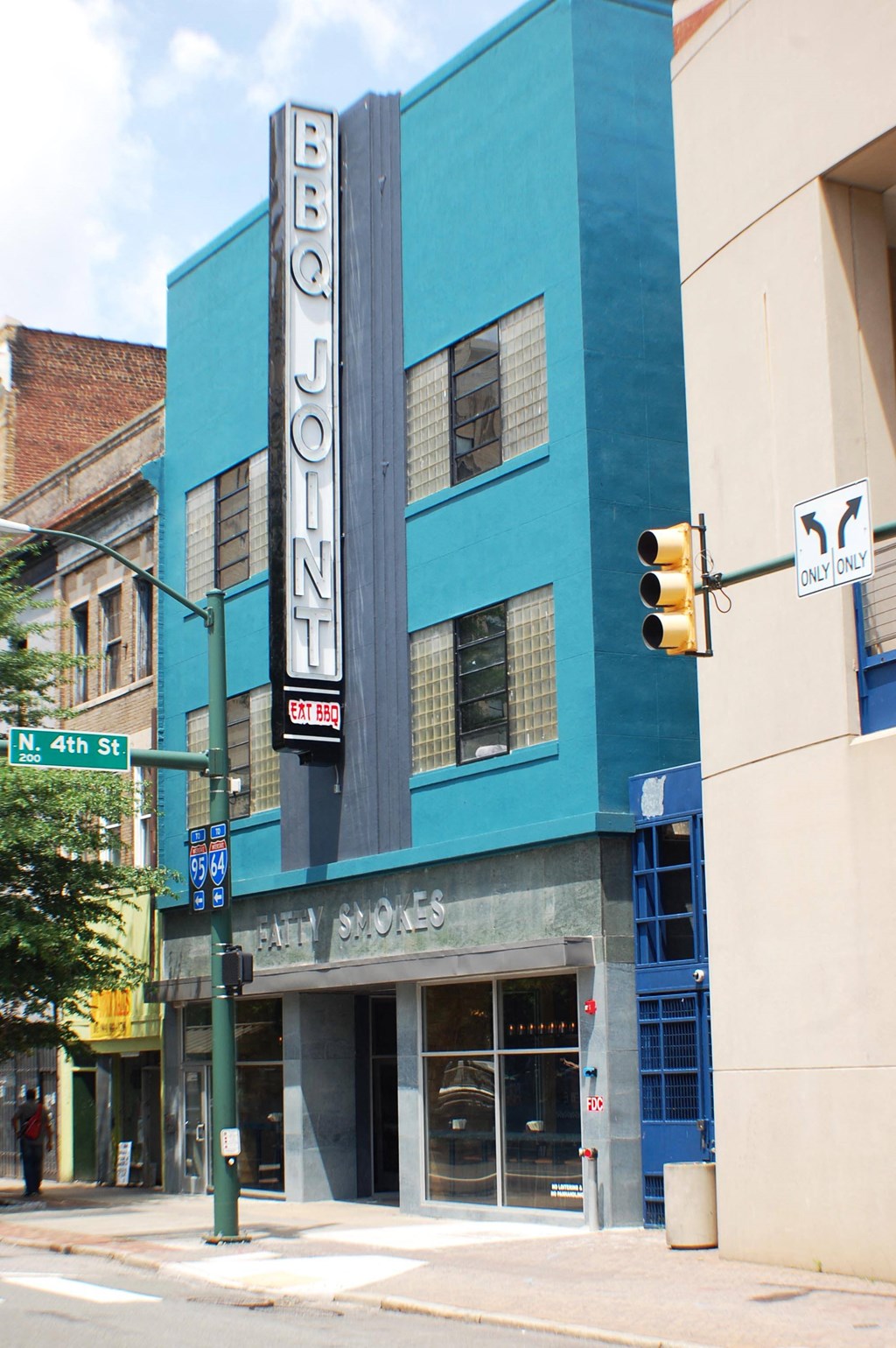 A blue building with the name "Becky" on it.