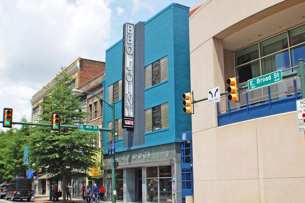 A blue building with the word "Broad" on it.