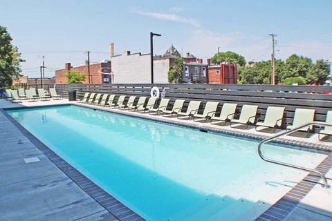 A large swimming pool with sun loungers on the side.