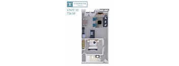 A floor plan of a Tidewater Square apartment, Unit 10, 724 SF.