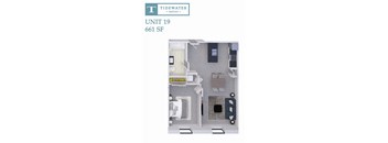A floor plan of a Tidewater Square apartment, Unit 19, 661 SF.