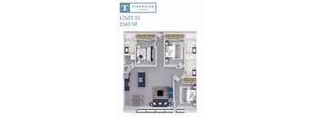 A diagram of a Tidewater Square apartment unit, showing a living room, kitchen, and bedrooms.