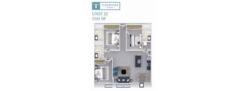 A diagram of a Tidewater Square apartment shows Unit 22 is 1161 square feet.