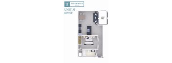 A floor plan of a Tidewater Square apartment unit at 609 SF with a light well.