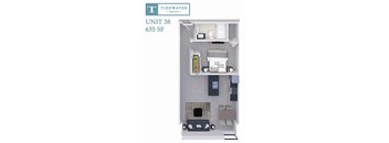 A diagram of a Tidewater Square apartment unit 38 with 635 square feet.