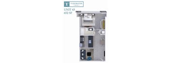 A floor plan of a Tidewater Square apartment, Unit 43, is shown.