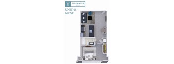 A floor plan of a Tidewater Square apartment, Unit 44, 652 SF.