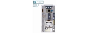 A floor plan of a Tidewater Square apartment, Unit 47, 610 SF.