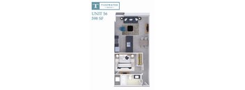 A floor plan of a Tidewater Square apartment, Unit 56, 598 SF, showing a bedroom, living room, and kitchen area.