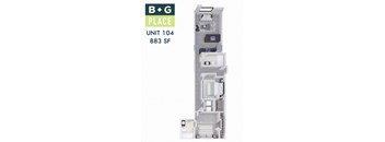 A diagram of a B+G Place unit number 104 with 883 square feet.