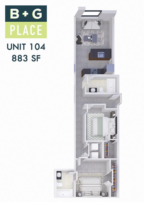 A diagram of a B+G Place unit number 104 with 883 square feet.