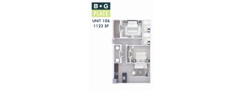 A floor plan of a B+G Place apartment shows a kitchen, living room, and two bedrooms.