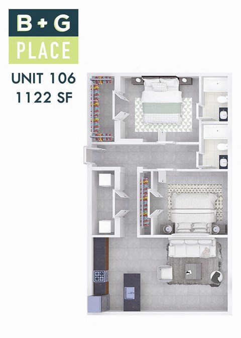 A floor plan of a B+G Place apartment shows a kitchen, living room, and two bedrooms.