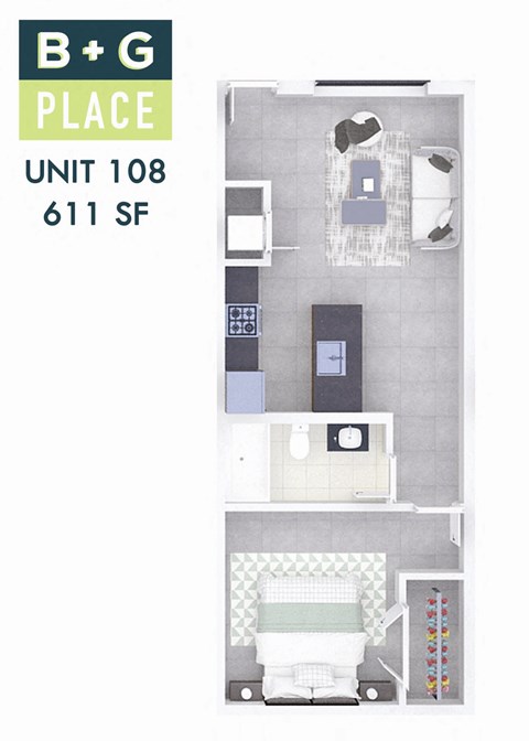 A floor plan of a B+G Place apartment unit.