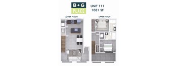 A floor plan of a B+G Place apartment showing the layout of the lower and upper floors.