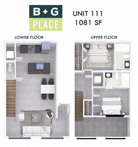A floor plan of a B+G Place apartment showing the layout of the lower and upper floors.