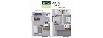 A floor plan of a B+G Place apartment shows a living room, kitchen, and bathroom on the lower floor and a bedroom on the upper floor.