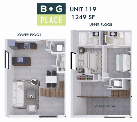 A floor plan of a B+G Place apartment shows a living room, kitchen, and bathroom on the lower floor and a bedroom on the upper floor.