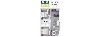 A floor plan of a unit with a bedroom, bathroom, kitchen, and living room.
