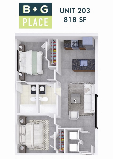 A floor plan of a unit with a bedroom, bathroom, kitchen, and living room.