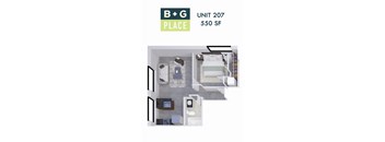 A 3D floor plan of a small apartment with a bedroom, living room, and bathroom.