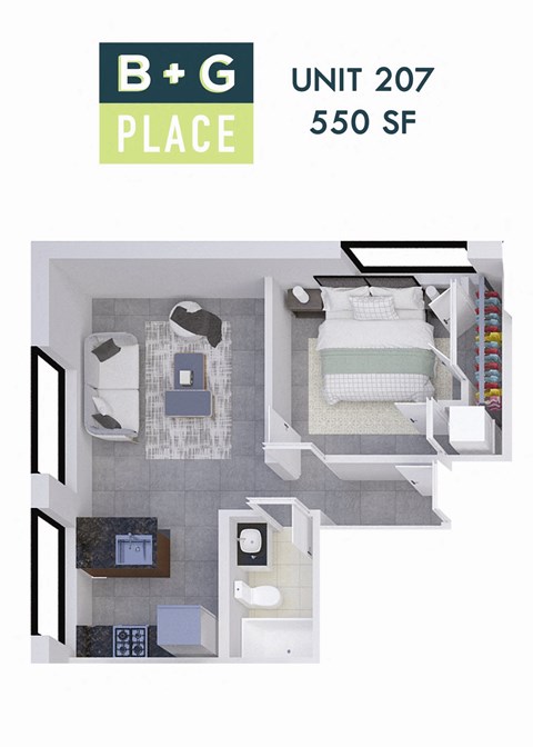 A 3D floor plan of a small apartment with a bedroom, living room, and bathroom.