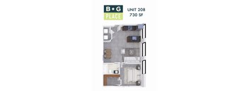 A floor plan of a B+G Place apartment at 730 SF.