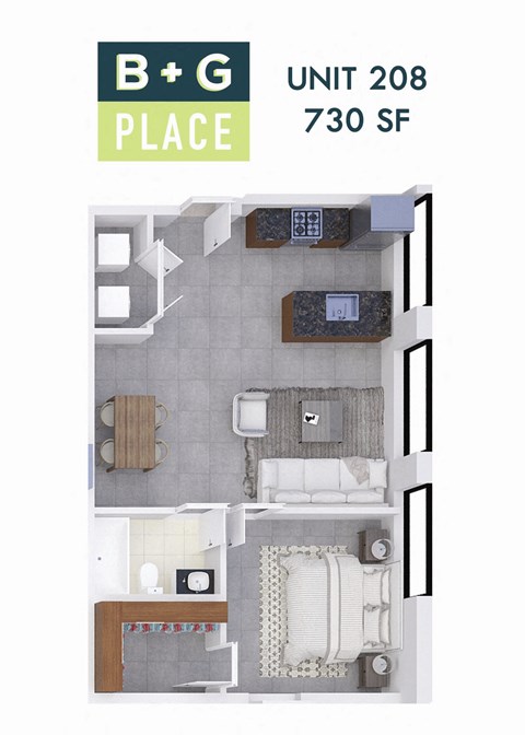 A floor plan of a B+G Place apartment at 730 SF.