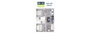 A floor plan of a B+G Place apartment at 838 SF.