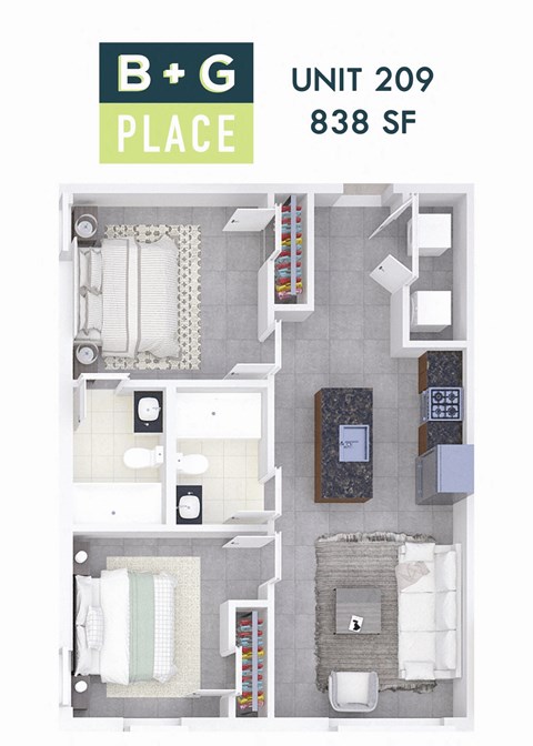 A floor plan of a B+G Place apartment at 838 SF.