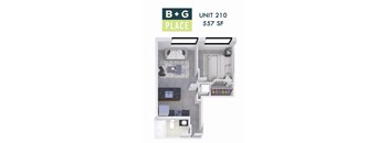 A diagram of a small apartment layout with a kitchen, living room, and bathroom.
