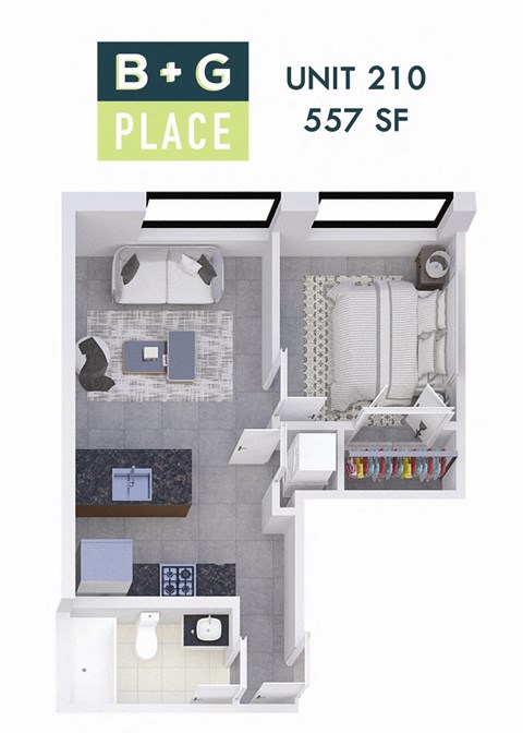A diagram of a small apartment layout with a kitchen, living room, and bathroom.
