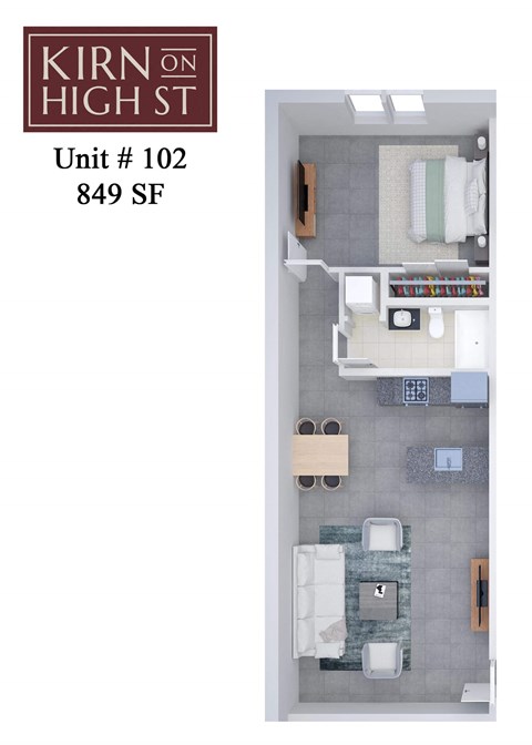 A floor plan of a one bedroom apartment at Kirn on High St.