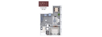 A floor plan of a one bedroom apartment at Kirn on High St.