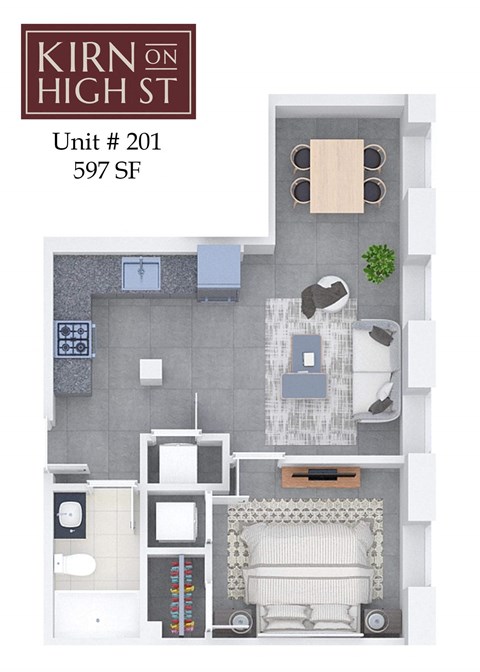 A floor plan of a one bedroom apartment at Kirn on High St.