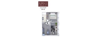 A floor plan of apartment 203 at Kirn on High St showing a living room, kitchen, bedroom, and bathroom.