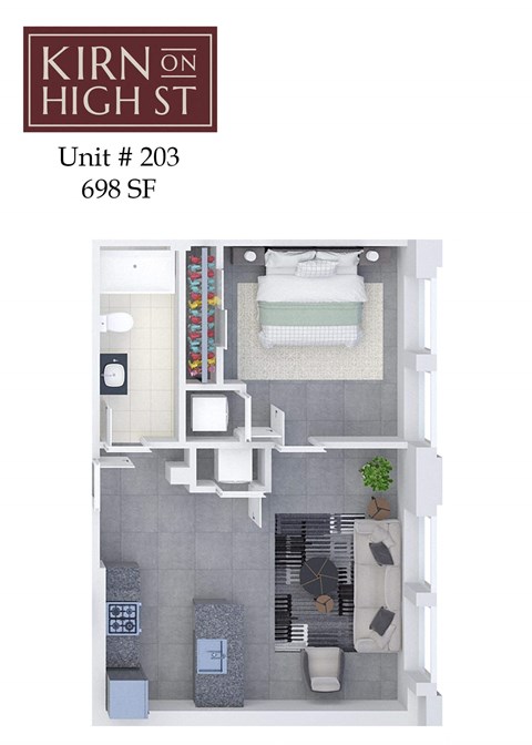 A floor plan of apartment 203 at Kirn on High St showing a living room, kitchen, bedroom, and bathroom.