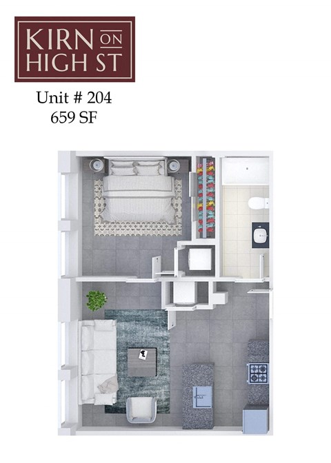 A floor plan of apartment 204 at Kirn on High St, located at 659 SF.