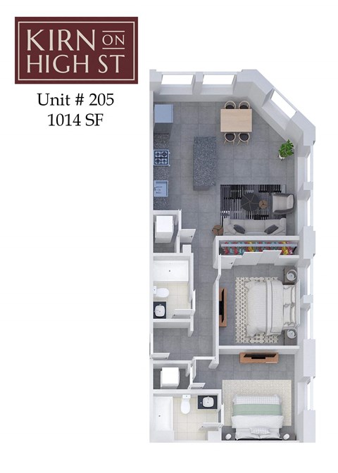 A floor plan of a one bedroom apartment at Kirn on High St.