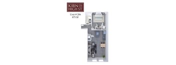 A floor plan of a one bedroom apartment at Kirn on High St.