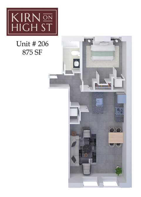 A floor plan of a one bedroom apartment at Kirn on High St.