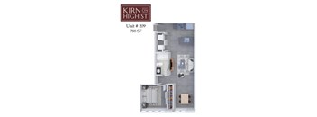A floor plan of a one bedroom apartment at Kirn on High St.