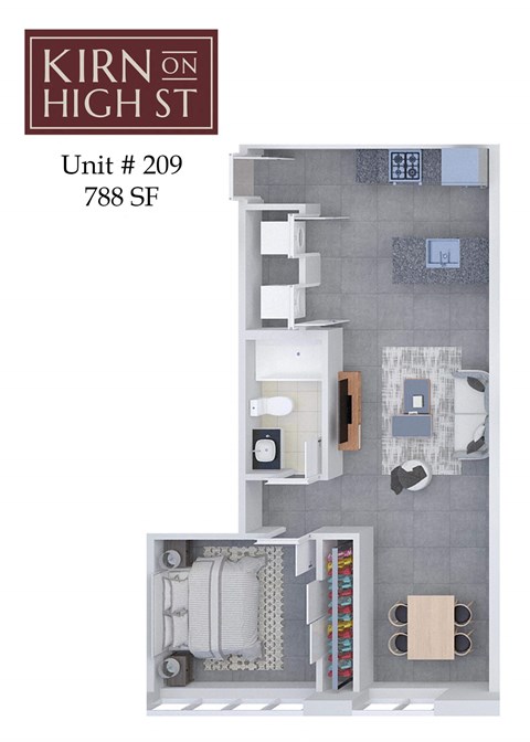 A floor plan of a one bedroom apartment at Kirn on High St.