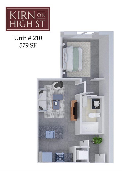 A floor plan of a one bedroom apartment at Kirn on High St.