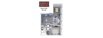 A floor plan of a one bedroom apartment at Kirn on High St.